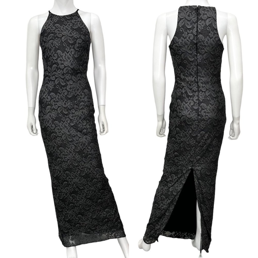 Belle Badgley Mischka Lace Overlay Back Slit Shimmer Maxi Dress Gown Black Sz 4